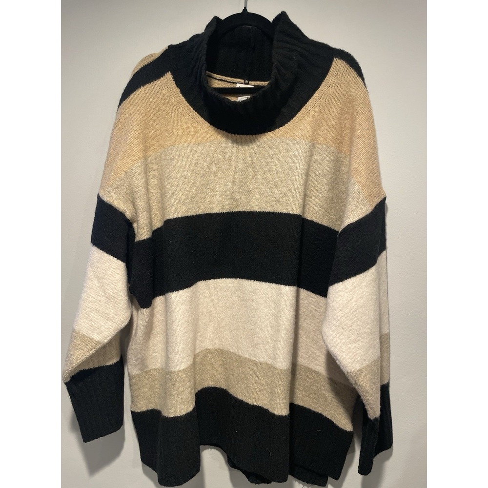 A New Day Women's 2X Striped Sweater Black Tan Pullover Mock Neck